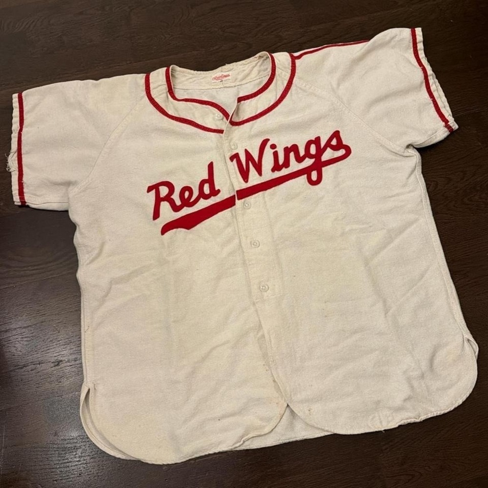 50s Match Worn Rawlings Red Wings Baseball Jersey | Cream/Red | 46
